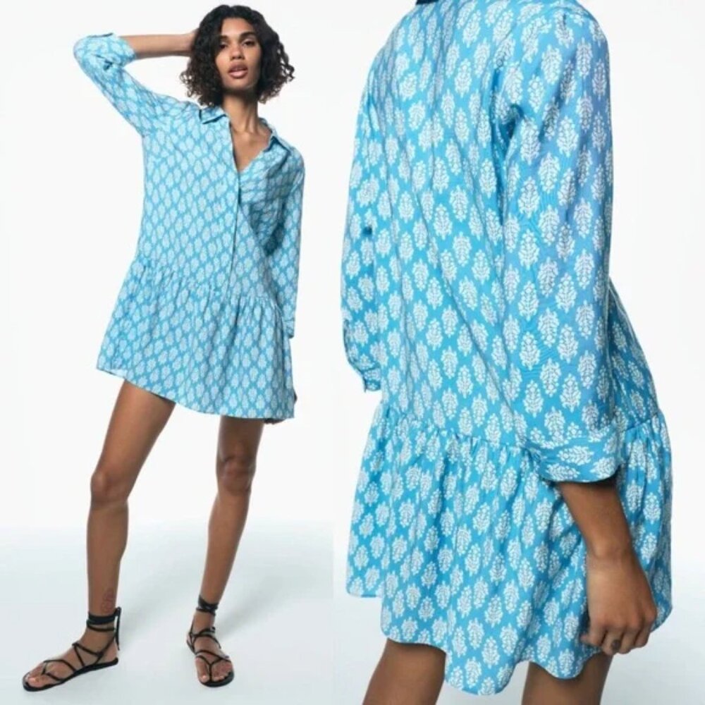 ZARA  SHORT MINI BUTTON UP DRESS 3/4 Sleeves V-Neck Flounced Hem Blue Shirtdress